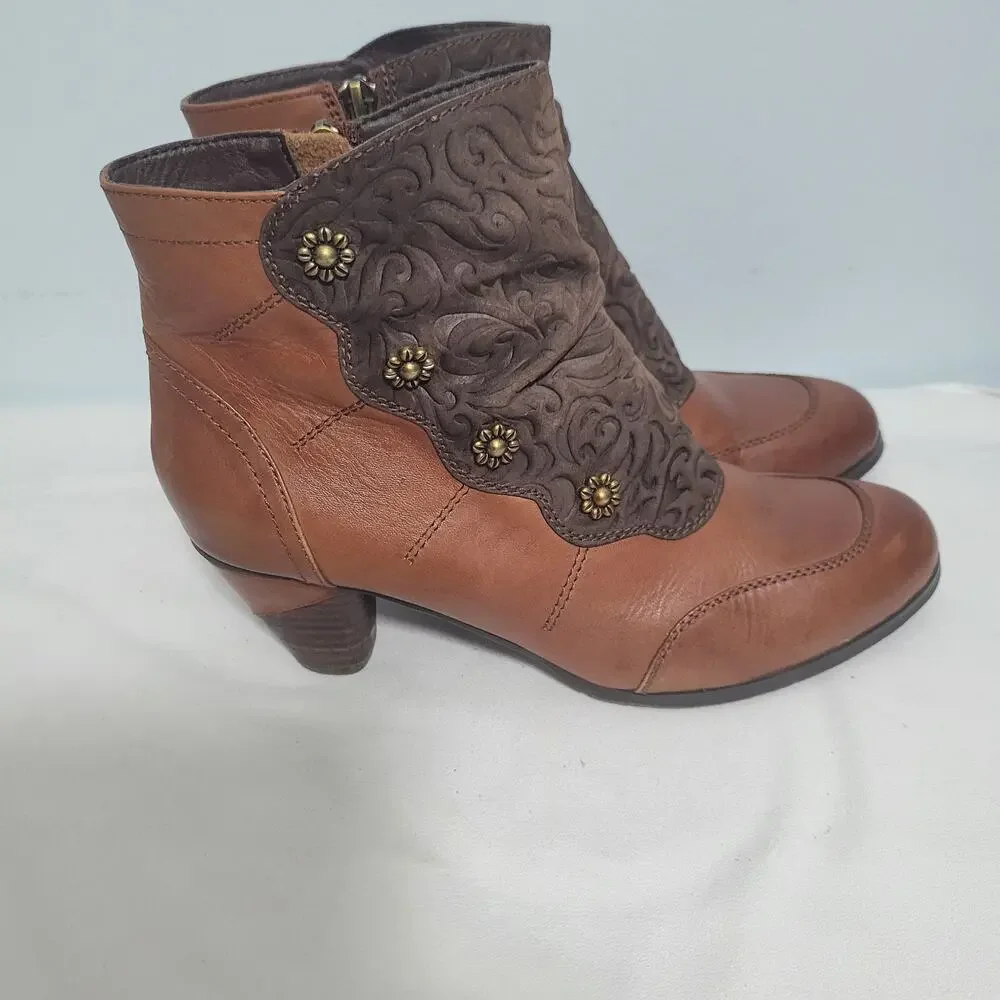 L'Artiste Belgard Bootie In Brown Hand Painted Leather & Embossed Suede Size 41 - Picture 4 of 7